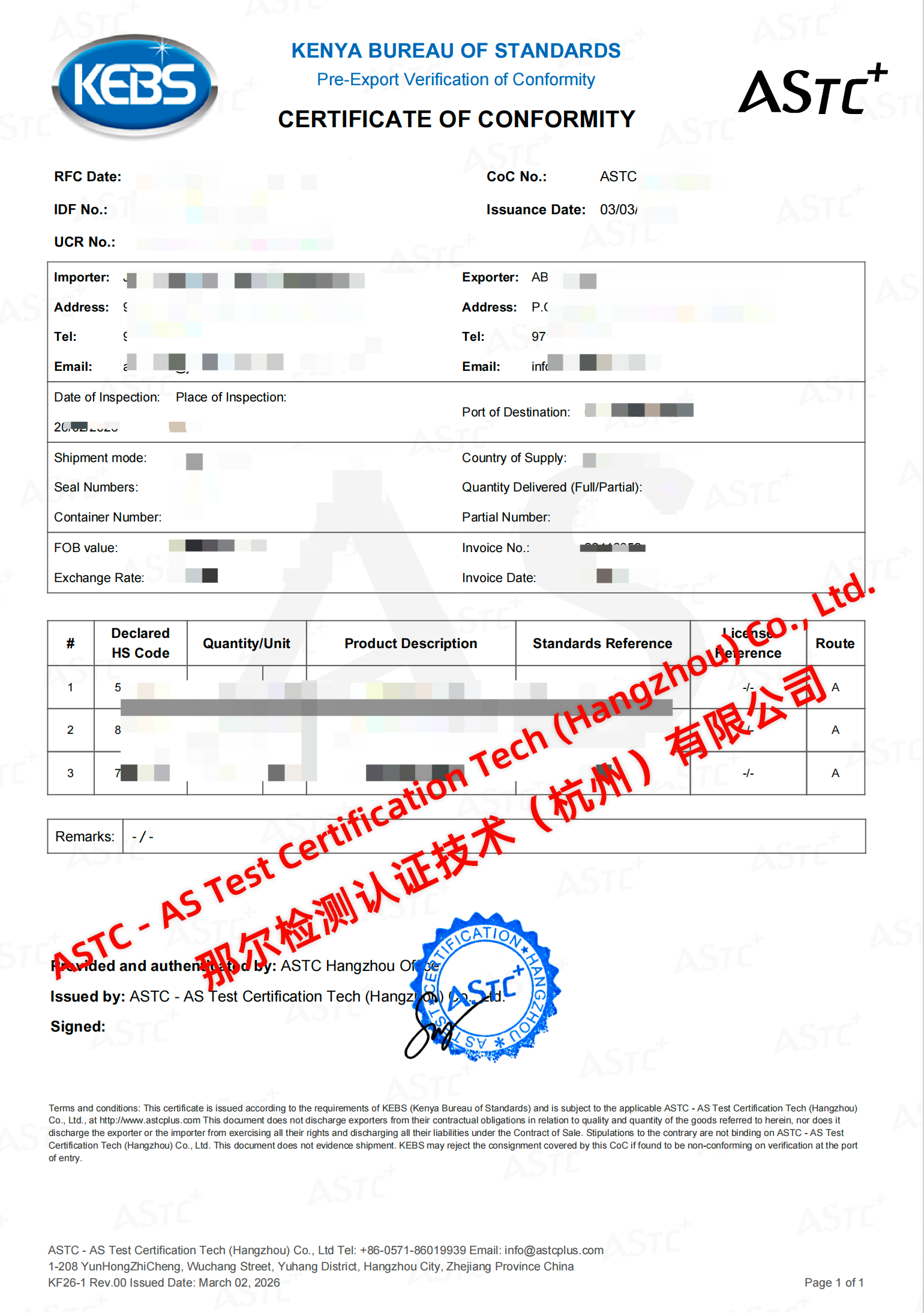 Kenya PVoC certificate sample
